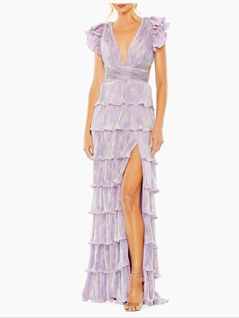 NWT Mac Duggal Ieena Iridescent Metallic Tiered Dress Gown - 4